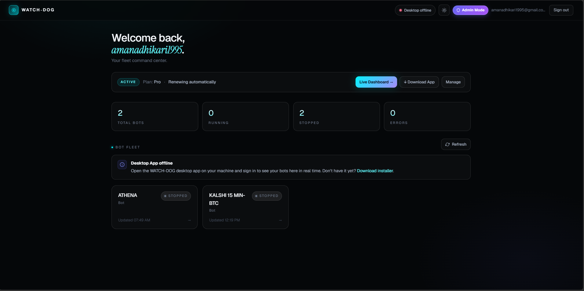 WatchDog dashboard after signup showing welcome screen and bot fleet