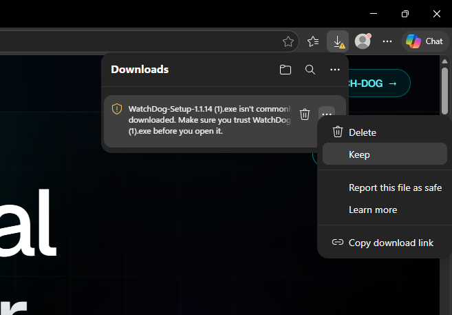 Browser downloads panel showing WatchDog installer with Keep option