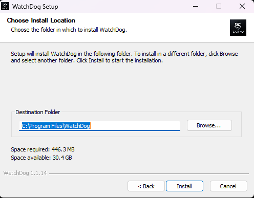 WatchDog installer showing destination folder selection