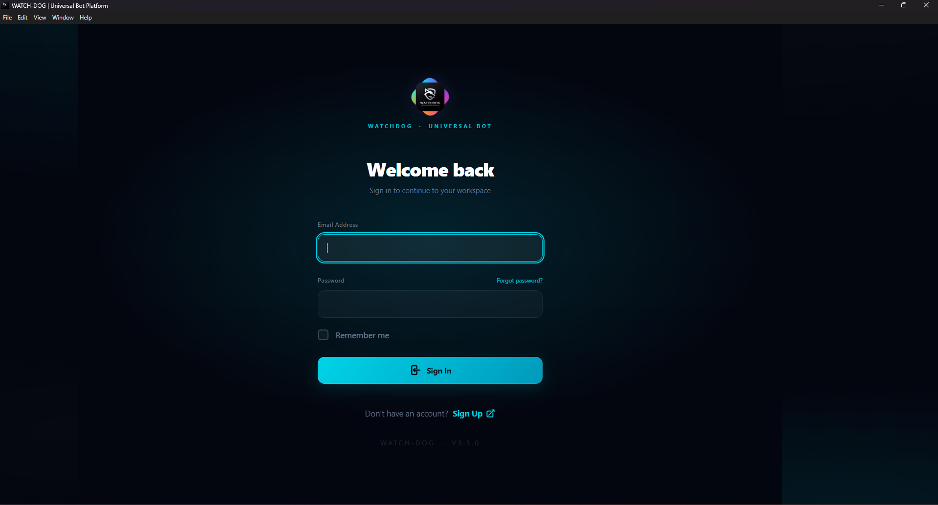 WatchDog desktop app welcome back sign-in screen