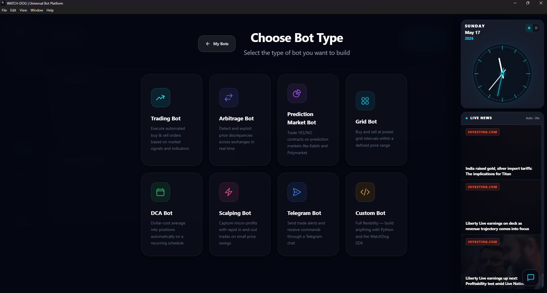 Choose Bot Type screen with eight bot archetypes