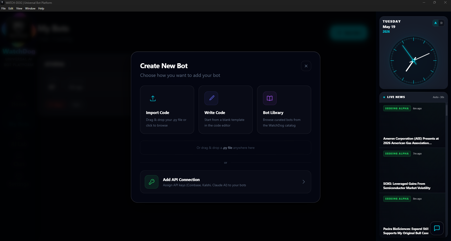 Create New Bot dialog with Import Code, Write Code, and Bot Library options