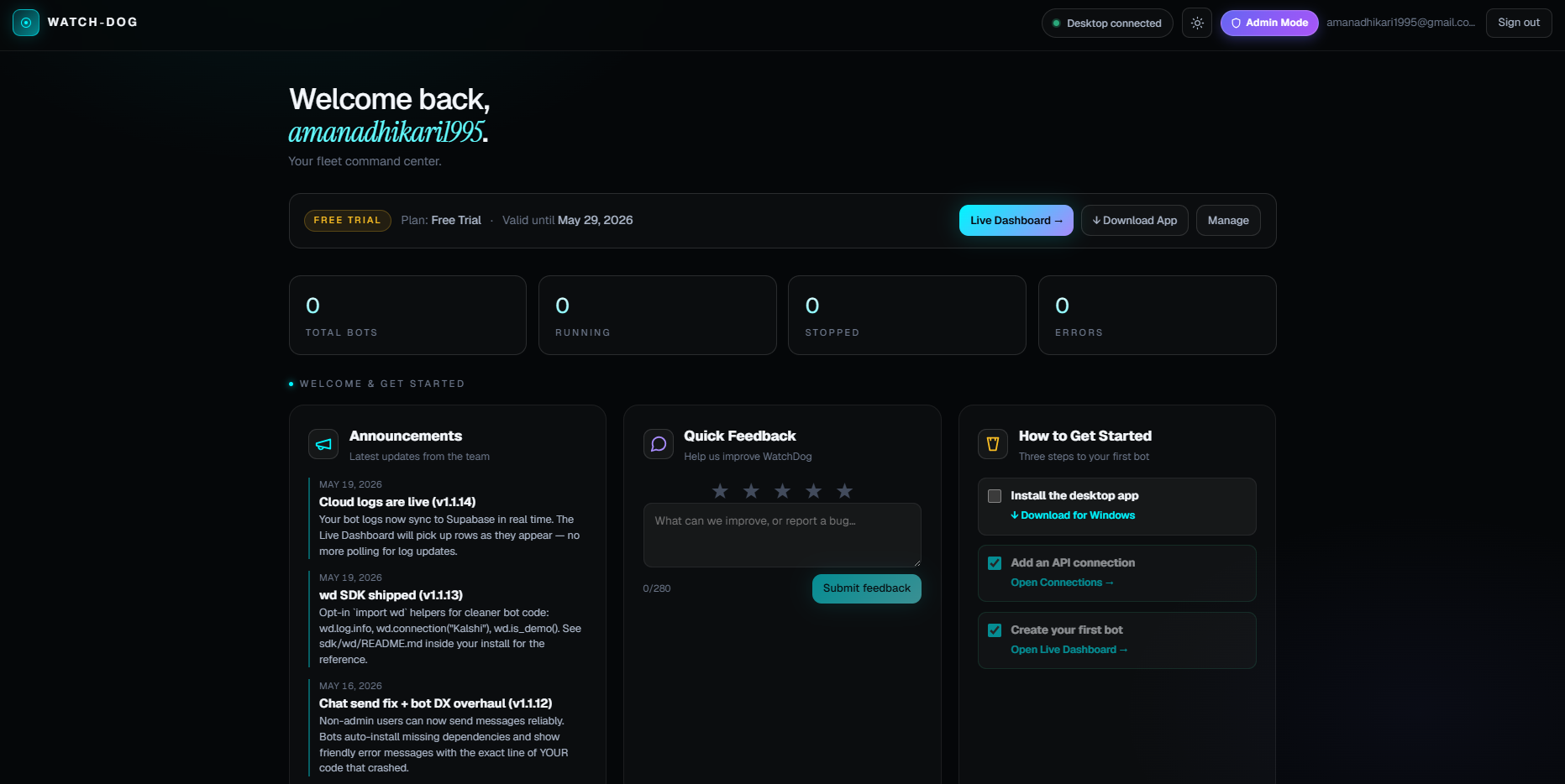 WatchDog Bot web dashboard — Welcome back fleet command center with bot stats, announcements, and quick-feedback panels